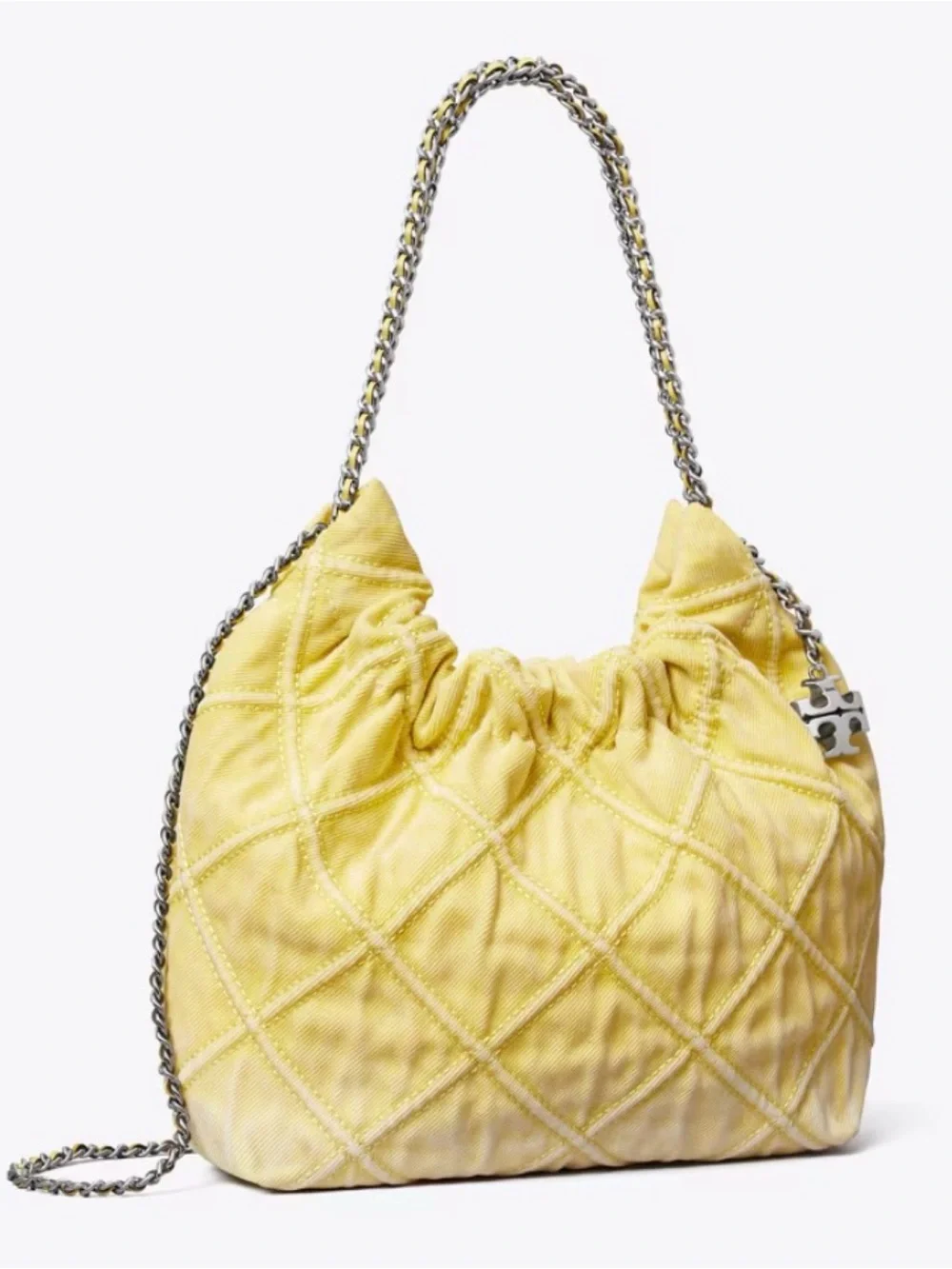 TORY BURCH MINI FLEMING SOFT QUILTED DENIM HOBO BAG, YELLOW